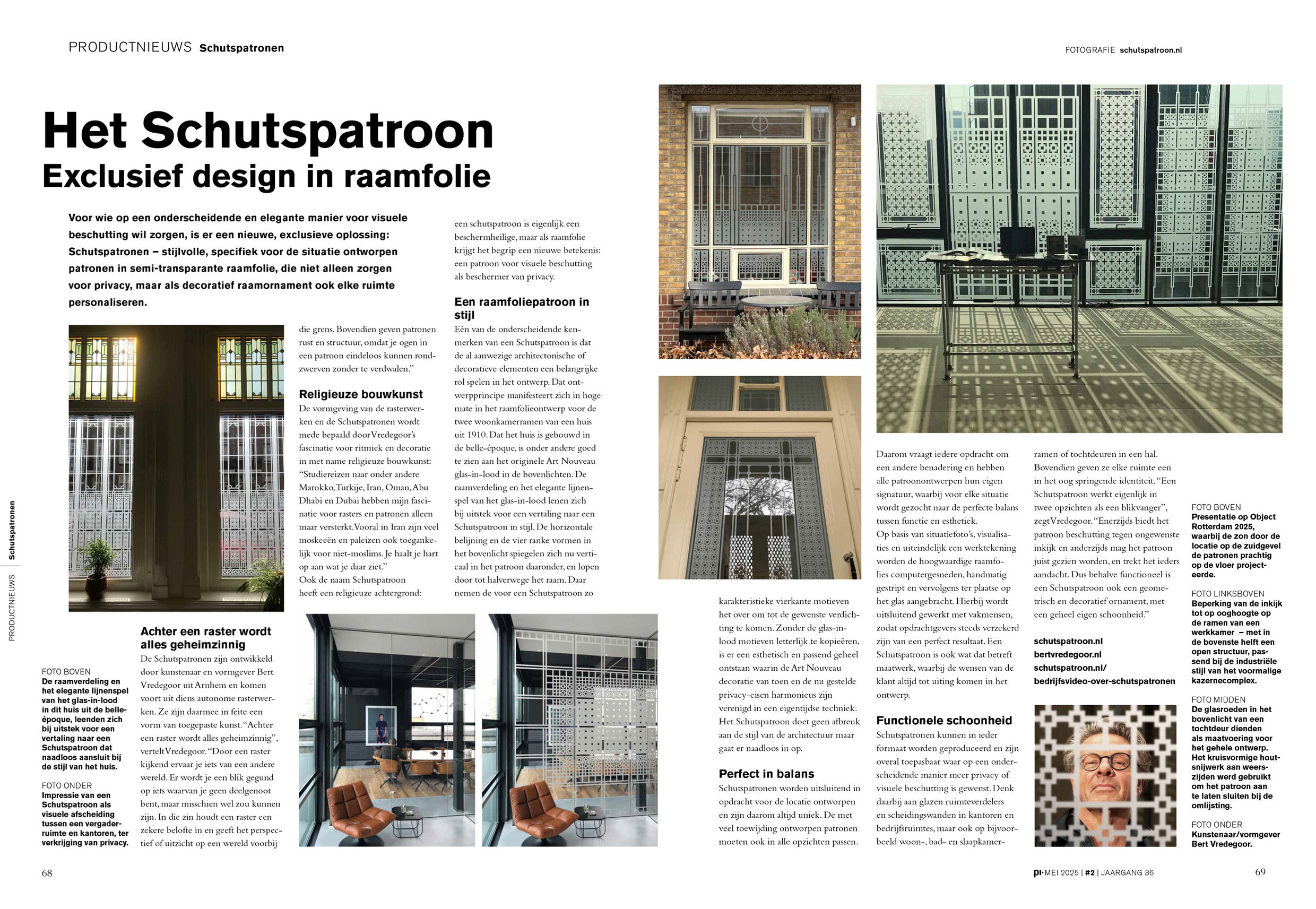Schutspatroon, exclusief design in raamfolie, artikel in Project & Interieur